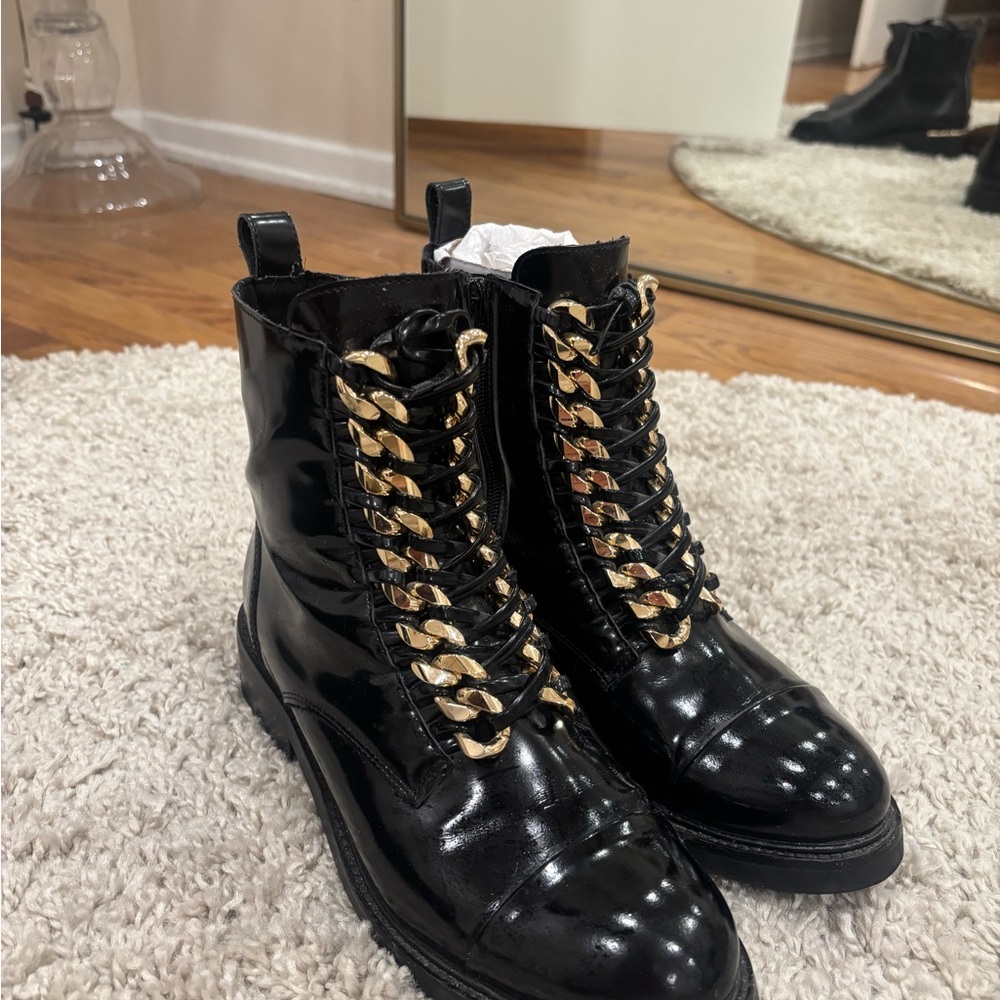 Jeffrey Campbell Black Patent Combat Boots with Gold Accents